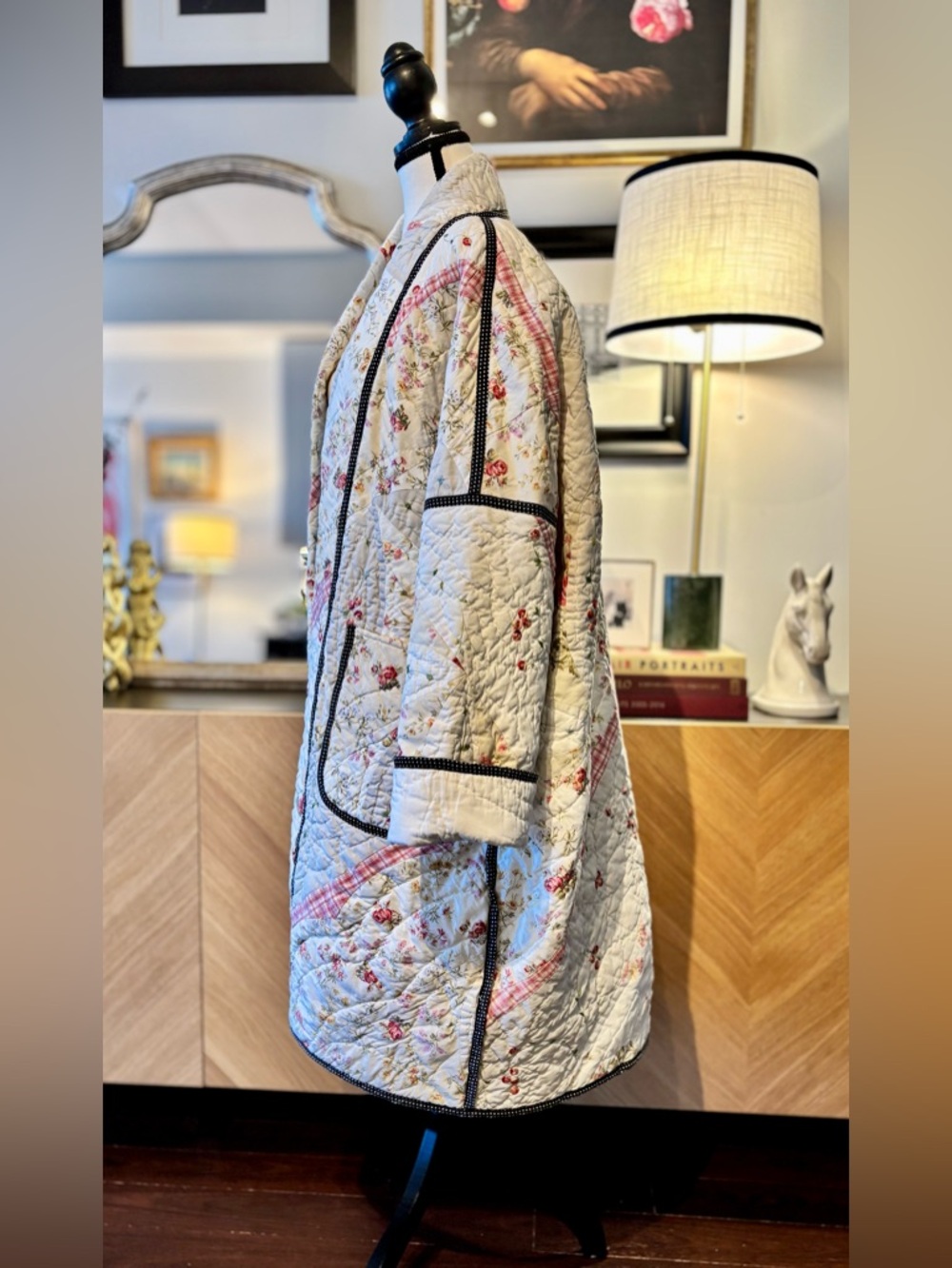 💗SOLD💗 HANDMADE Quilted Floral and Patchwork Long Coat in Cream and Pink O/S - Picture 8 of 16